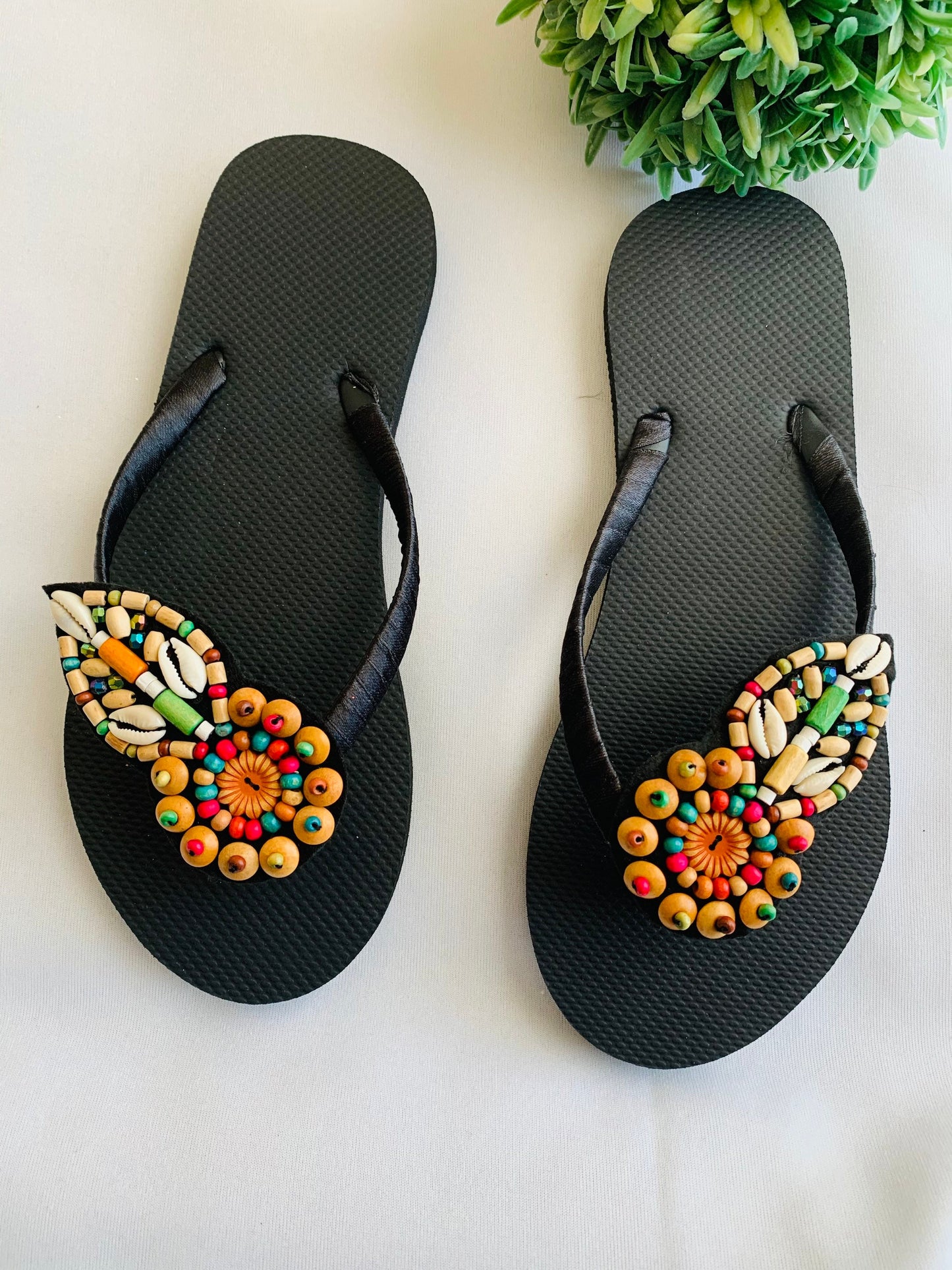 Women’s flip flops, beads , floral pattern, bling flip flops, fancy flip flops, customized flip flops - TOP