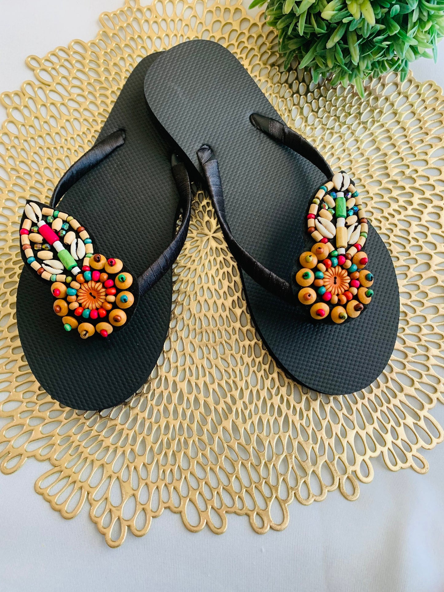 Women’s flip flops, beads , floral pattern, bling flip flops, fancy flip flops, customized flip flops - TOP