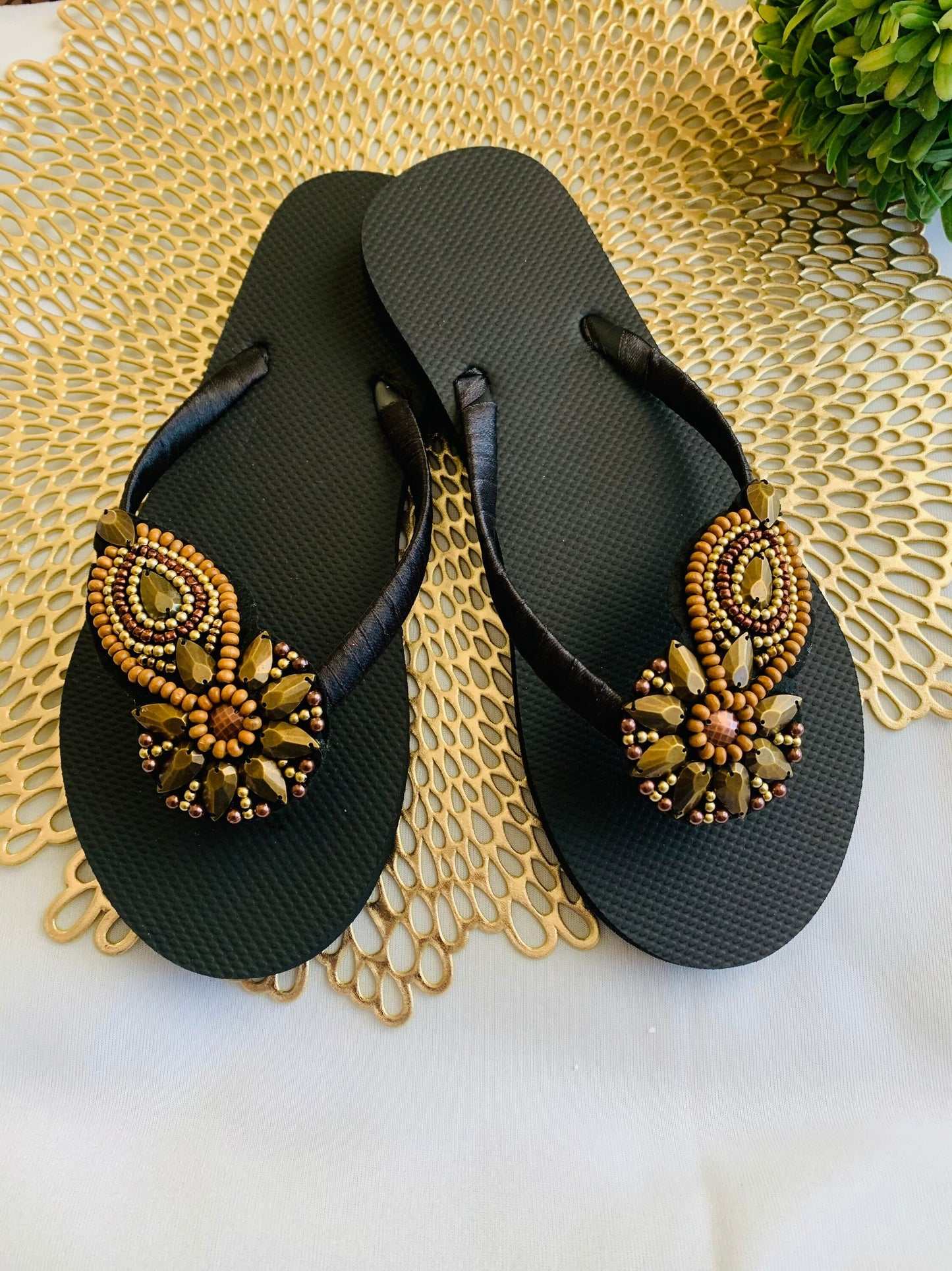 Women’s flip flops, beads , floral pattern, bling flip flops, fancy flip flops, customized flip flops