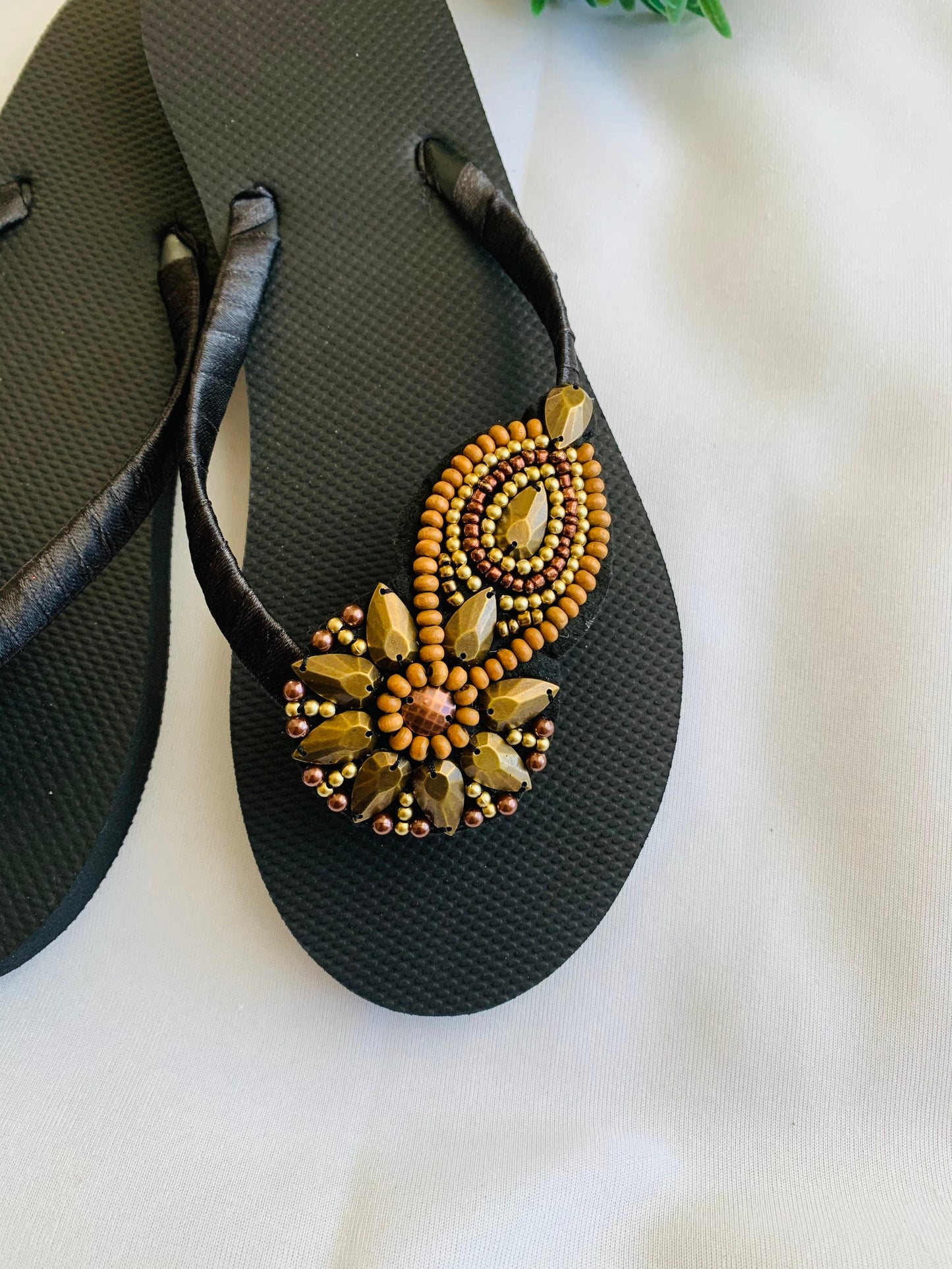 Women’s flip flops, beads , floral pattern, bling flip flops, fancy flip flops, customized flip flops