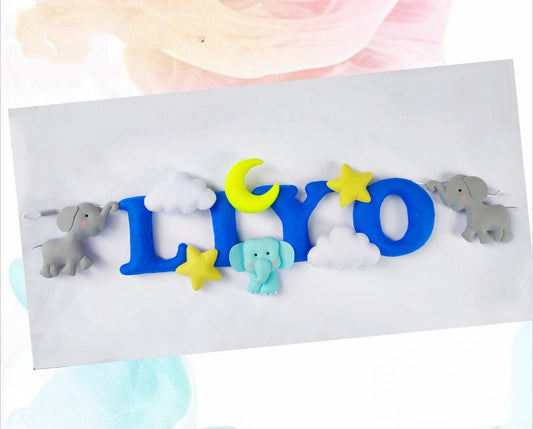 Felt name banner, blue garland, elephant banner, nursery decor, personalized gift, felt letters, baby name banner, name garland, name sign