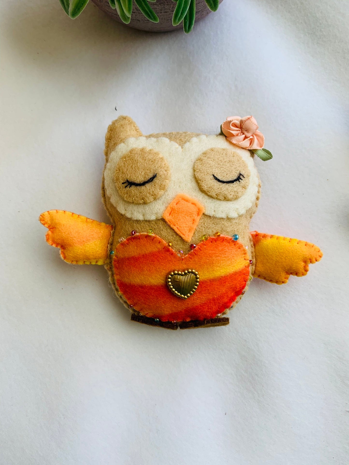 Handmade owl soft ornament decorated with beads