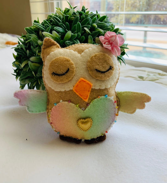 Handmade owl soft ornament decorated with beads