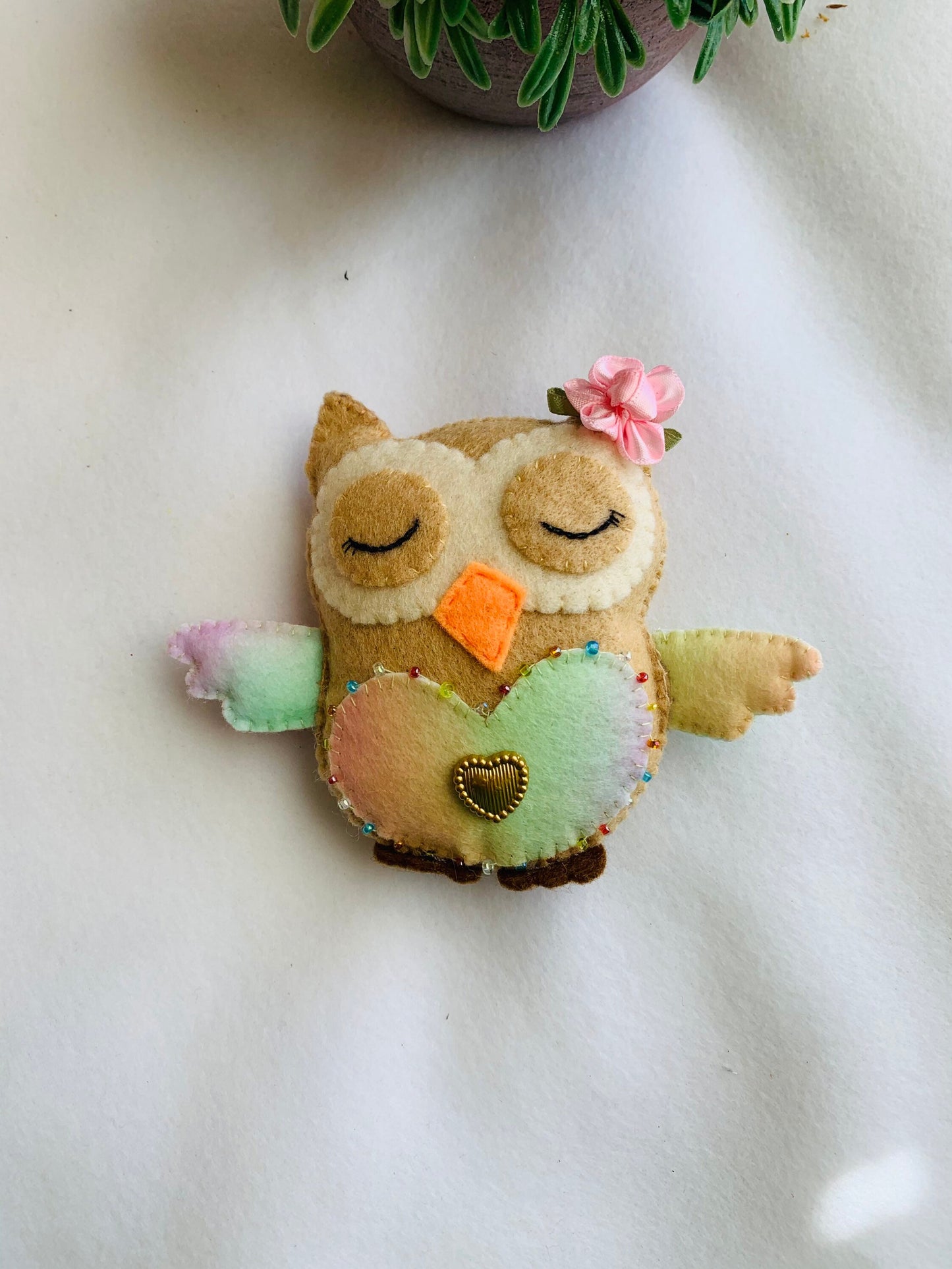 Handmade owl soft ornament decorated with beads