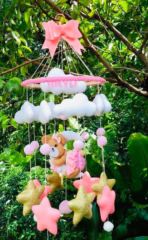 Baby mobile girl, bear mobile for girl, nursery mobile, baby shower gift, clouds and stars mobile, nursery mobile, stars girl