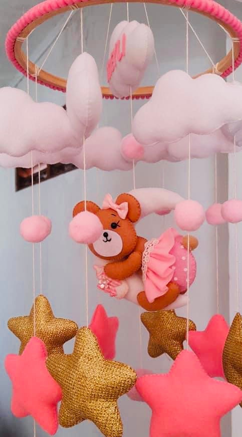 Baby mobile girl, bear mobile for girl, nursery mobile, baby shower gift, clouds and stars mobile, nursery mobile, stars girl