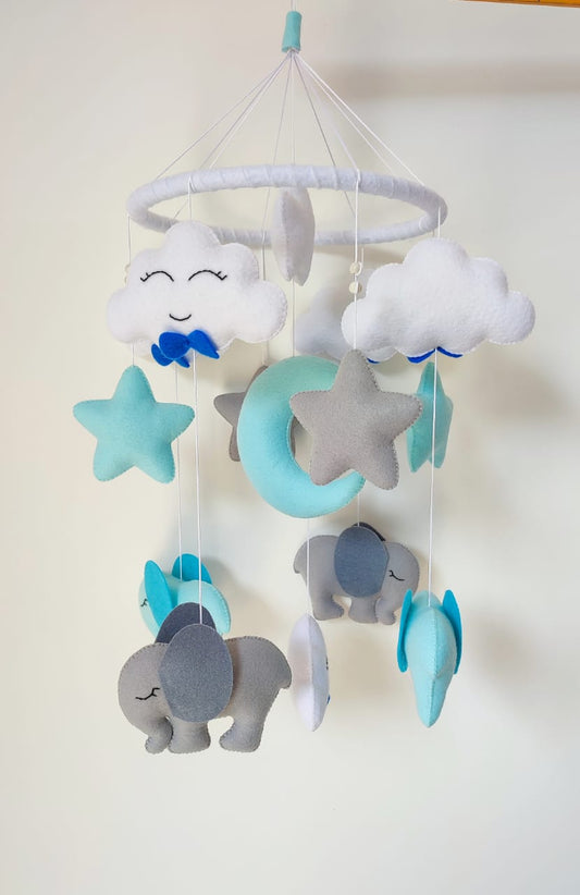 Crib mobile for a baby boy / blue elephant theme, nursery mobile for a boy, crib mobile for a boy, stars and clouds mobile,