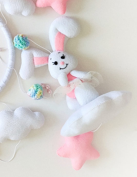 A bunny baby mobile, Nursery mobile, Crib mobile, Cot mobile, Baby girl mobile,nursery mobile, Hanging mobile, Cloud mobile, Felt mobile